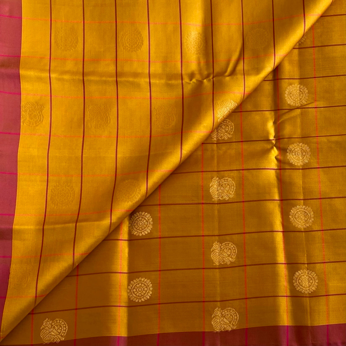 Mustard Gold Checkered Designer Pure Silk Saree With Rani Pink Pallu