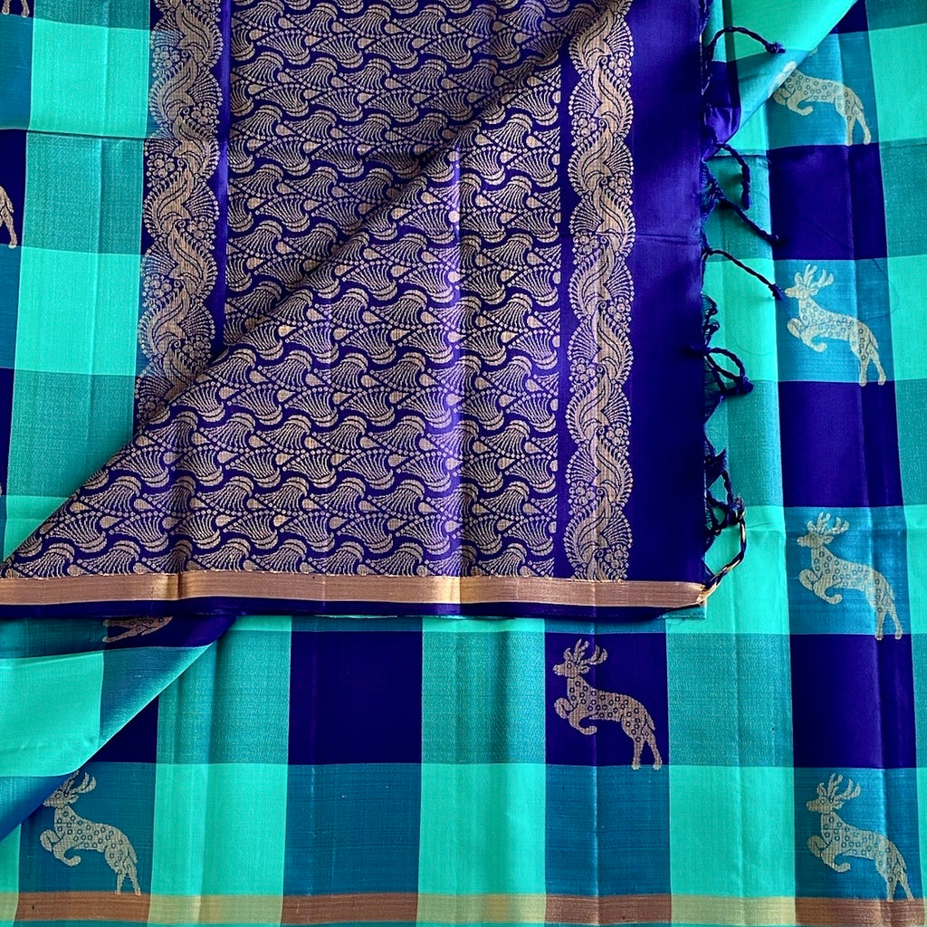 Shades of Blue Checkered Designer Pure Silk With Royal Blue And Deer Buta