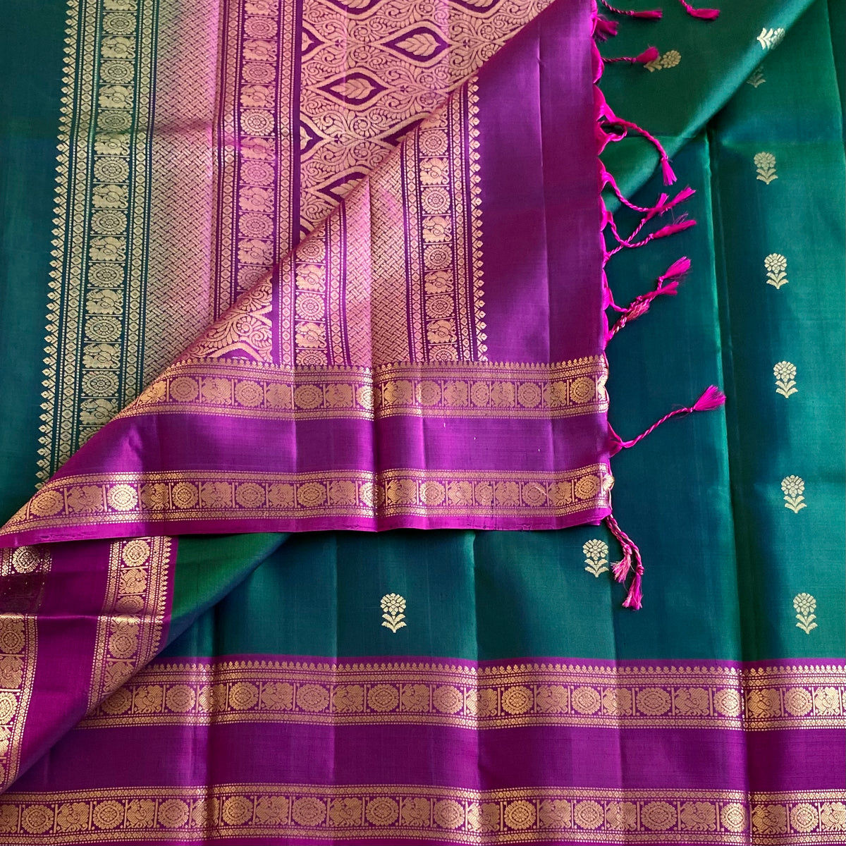 Peacock Green Designer Pure Silk Saree With Magenta Pallu And Gold Zari