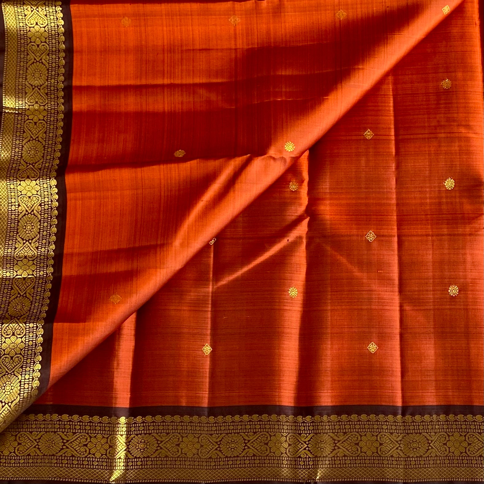 Burnt Orange Kanjeevaram Pure Zari Silk Saree Deep Maroon Pallu