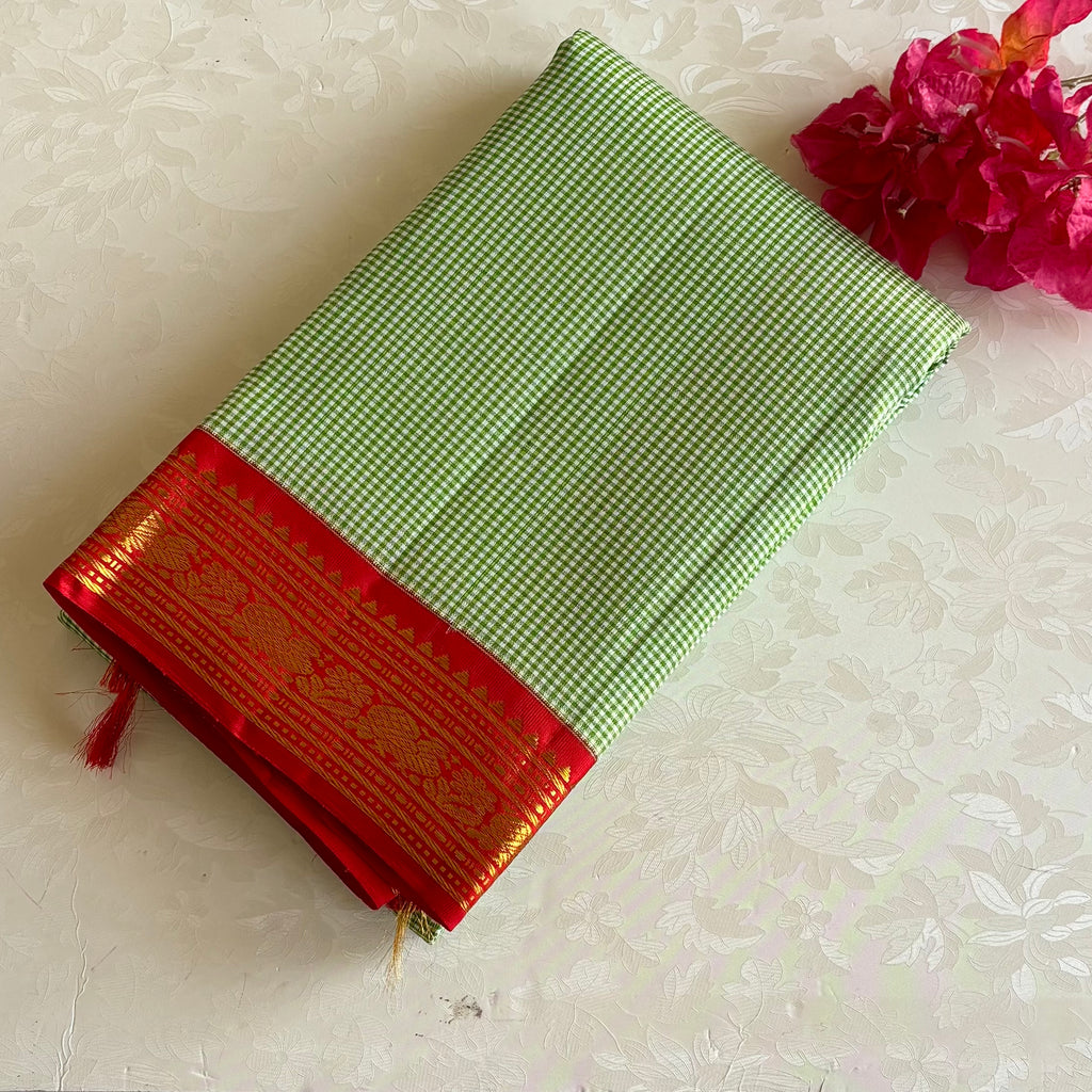 Micro Checkered Mint Green Kanjeevaram Pure Zari Silk Saree With Crimson Red Pallu