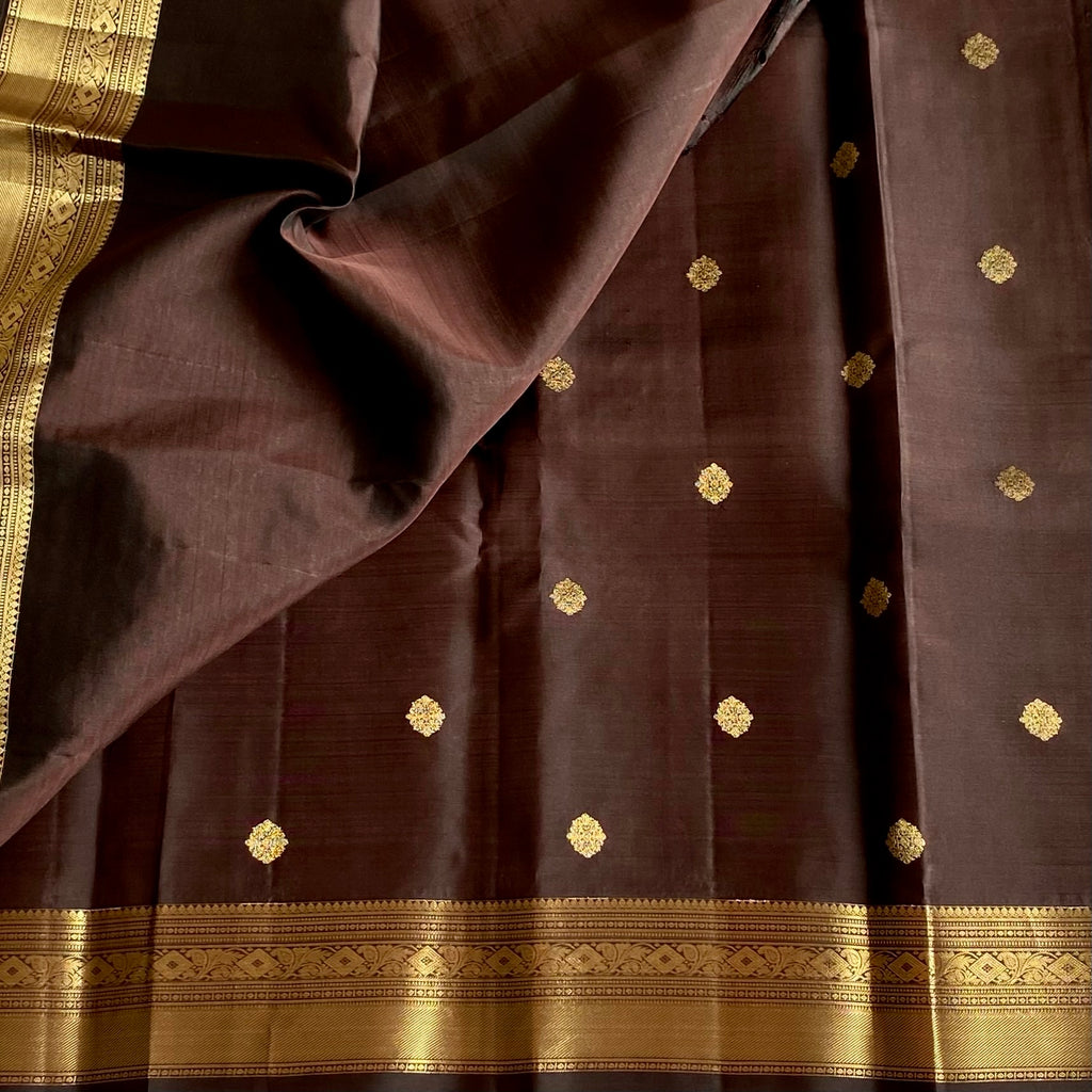 Chocolate Brown Designer Pure Silk Saree With Antique Gold Pallu