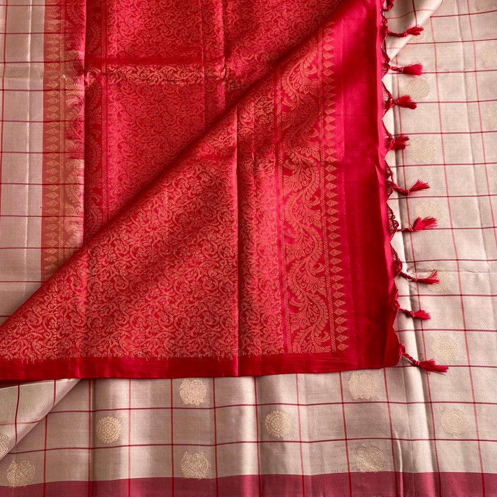 Blush Beige Designer Pure Silk Saree With Crimson Red Pallu