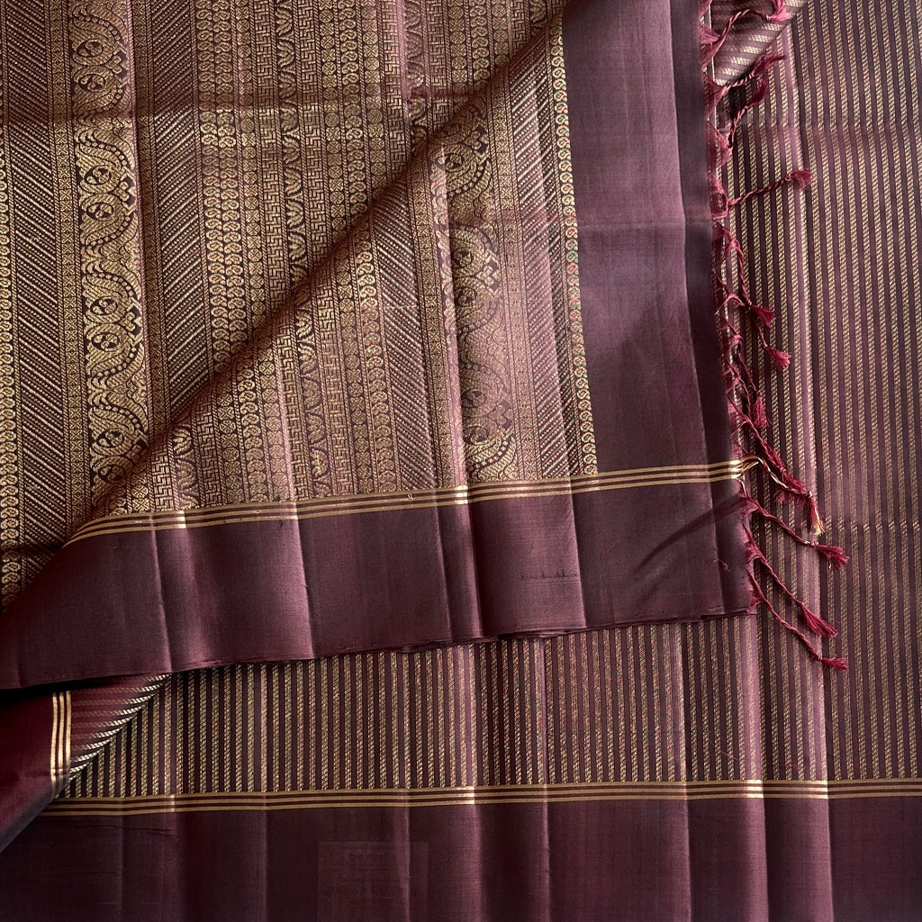 Plum Silk Saree With Gold Zari Paisley Border And Pallu