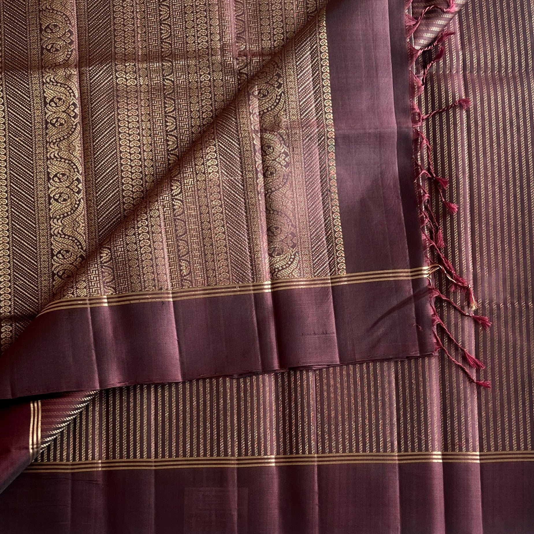 Plum Silk Saree With Gold Zari Paisley Border And Pallu