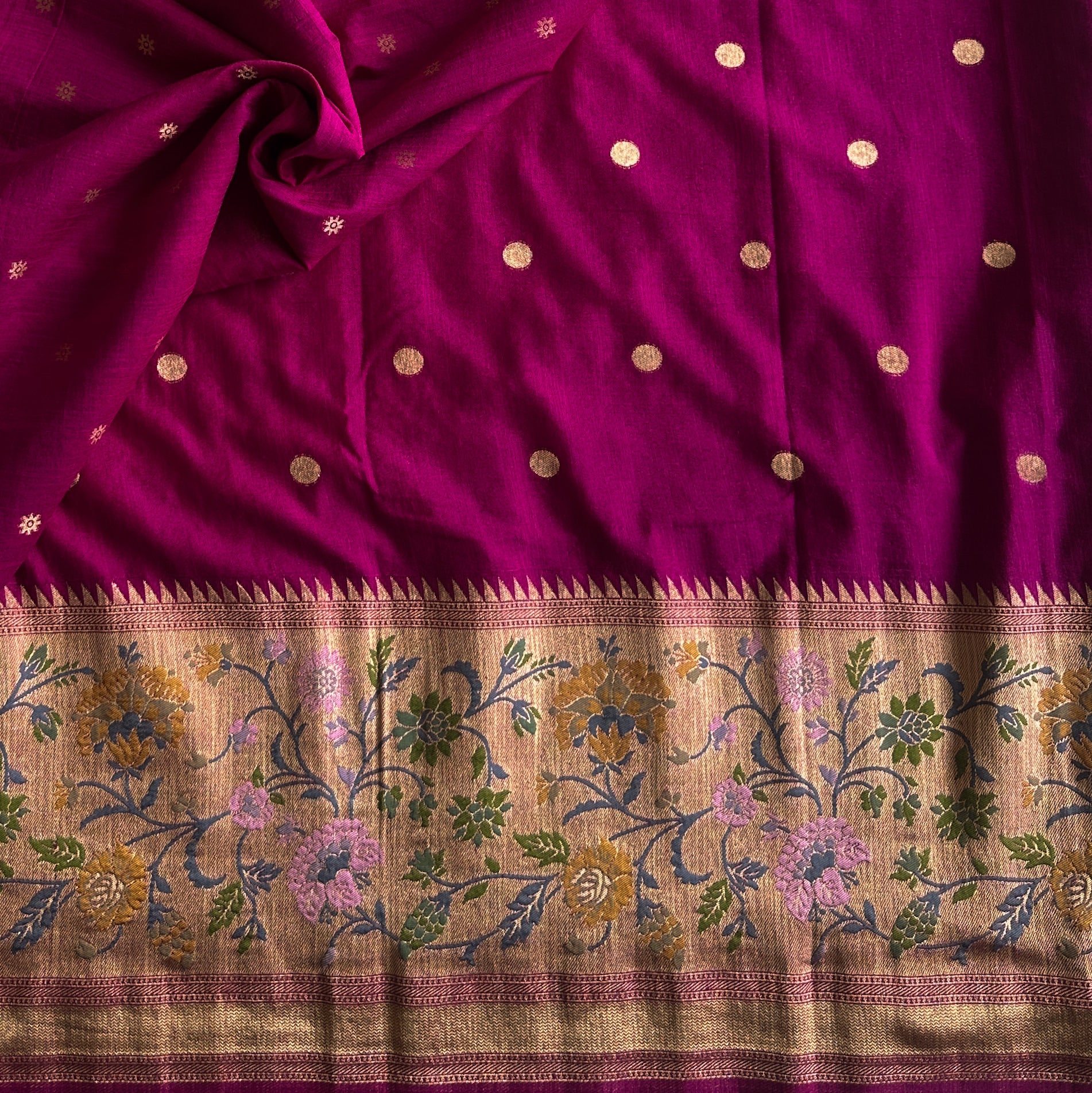 Deep Magenta Brocade Floral Saree With Gold Polka For Festive Occasions