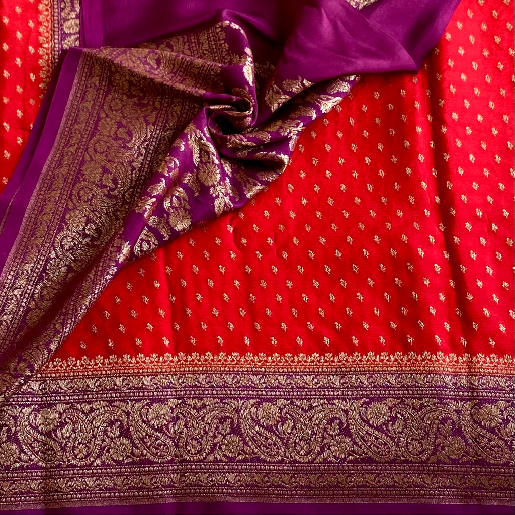 Scarlet Red Banarasi Crepe Silk Saree With Royal Purple Pallu