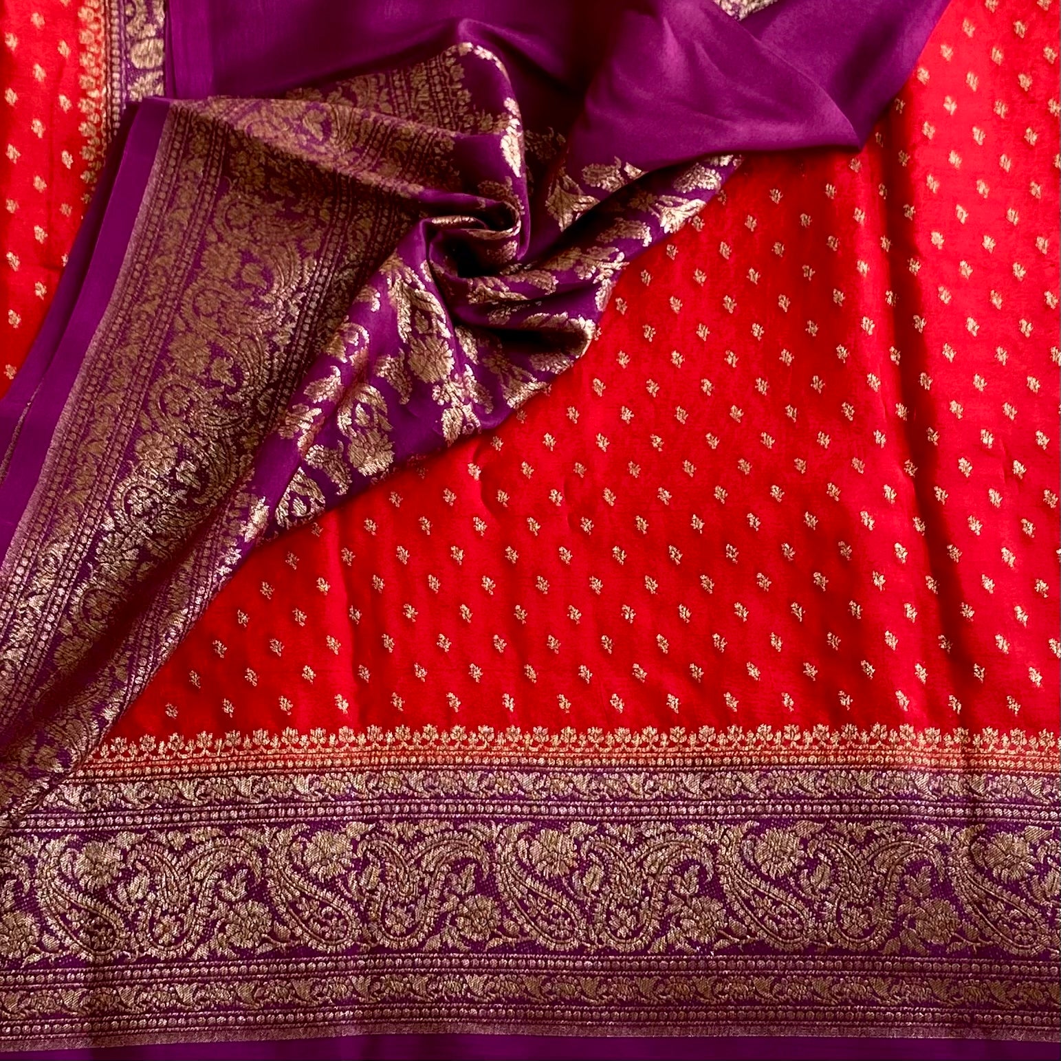 Scarlet Red Banarasi Crepe Silk Saree With Royal Purple Pallu