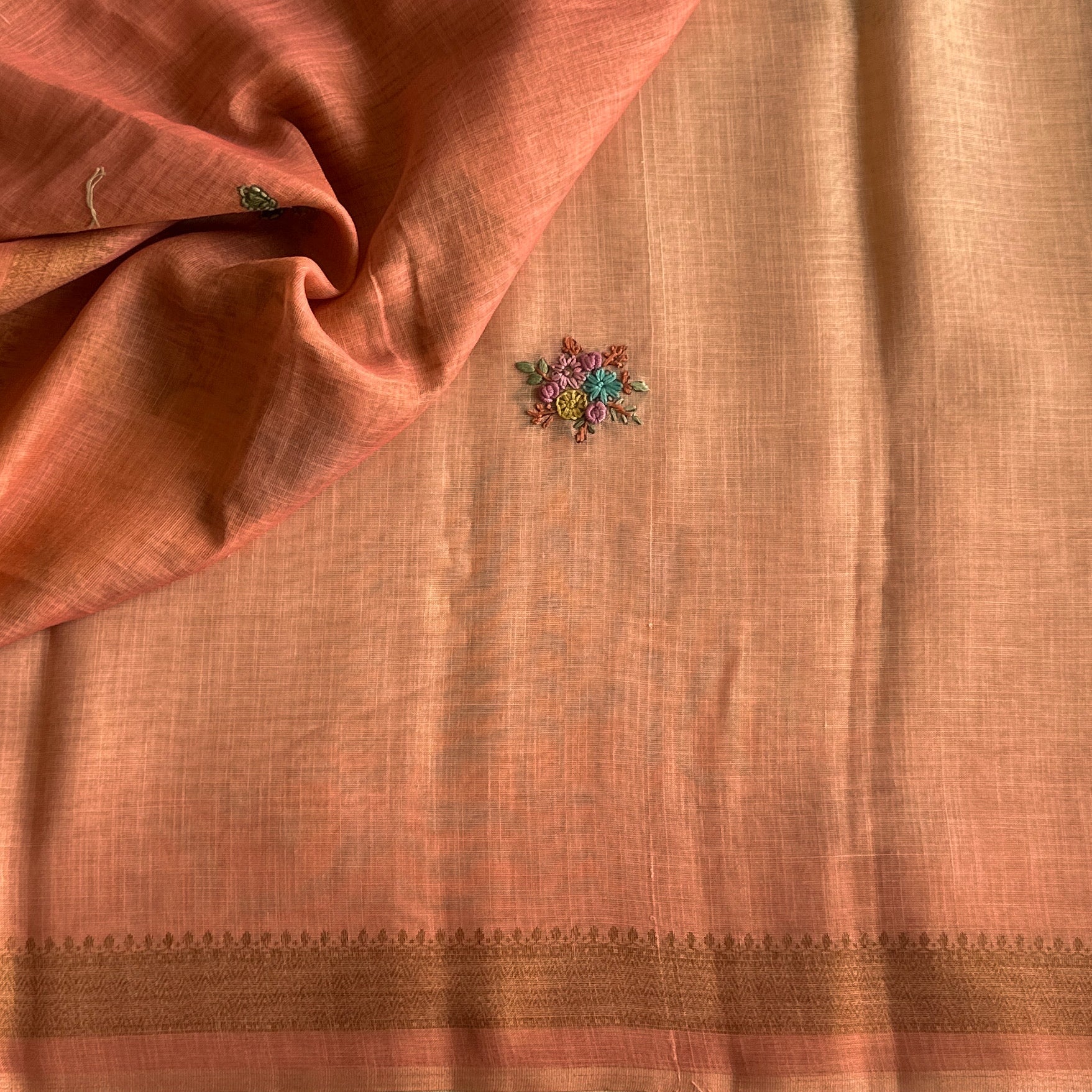 Elegant Peach Embroidered Floral Handloom Saree with Gold Zari Border