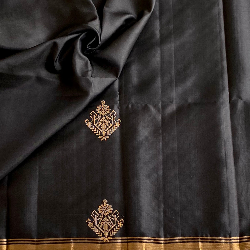 Jet Black Designer Pure Silk Saree With Antique Gold Border And Buta