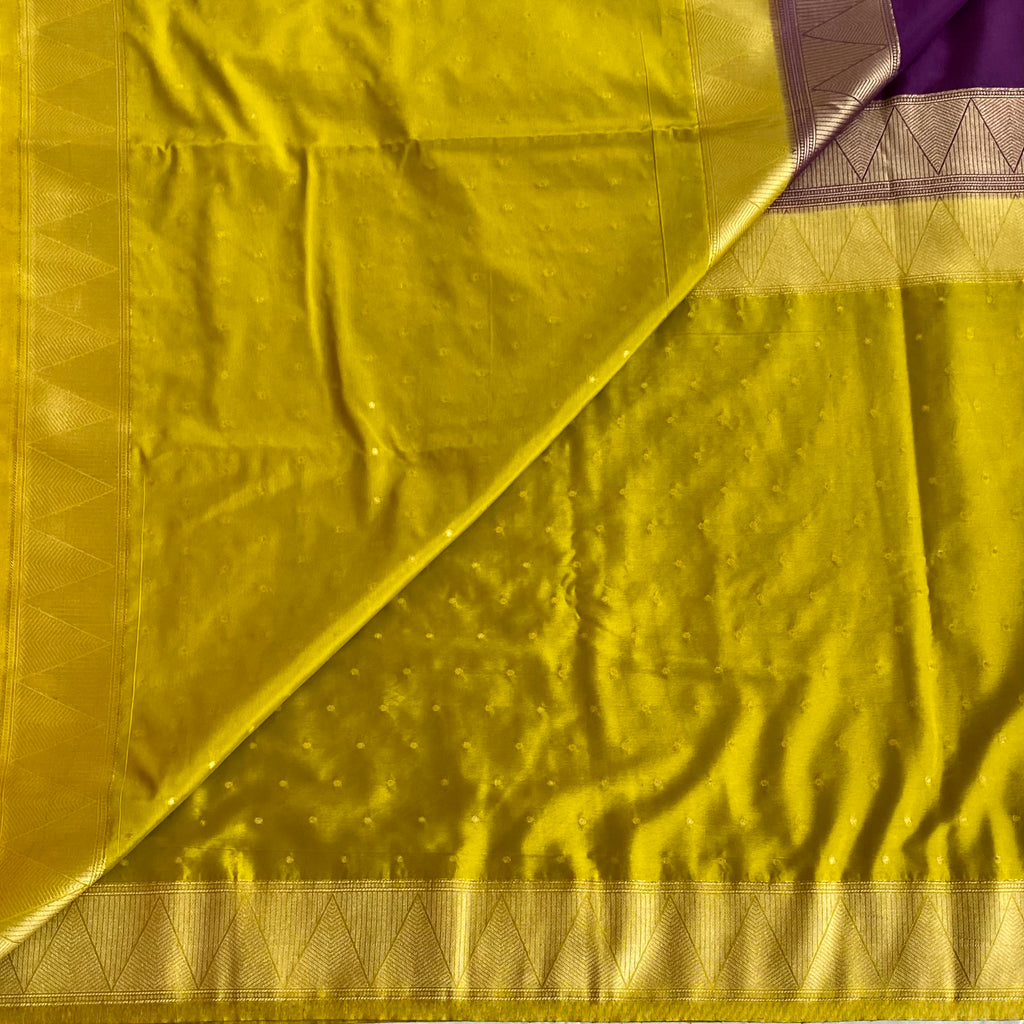 Chartreuse Silk Saree Gold Zari Geometric Border Purple Pallu Traditional