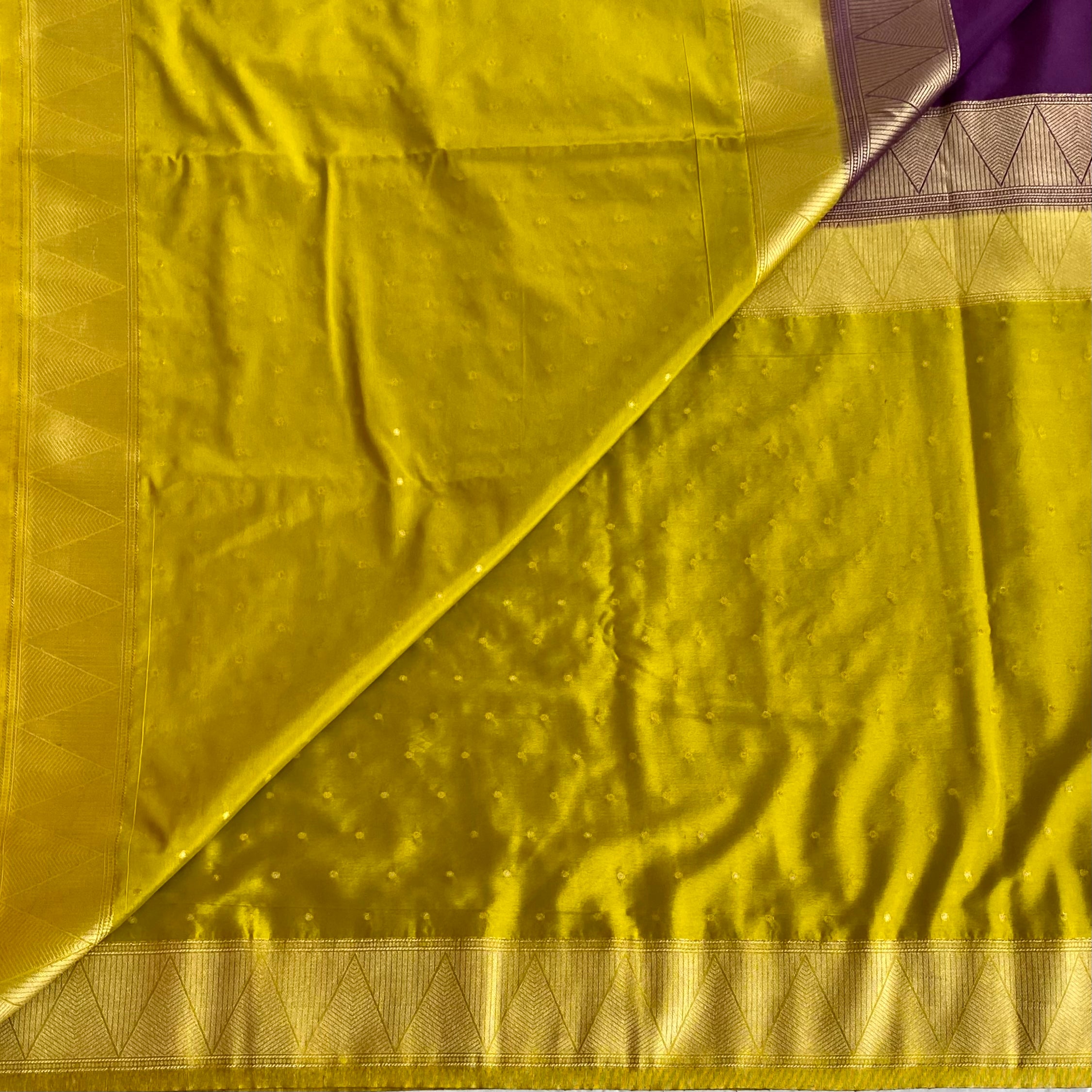 Chartreuse Silk Saree Gold Zari Geometric Border Purple Pallu Traditional