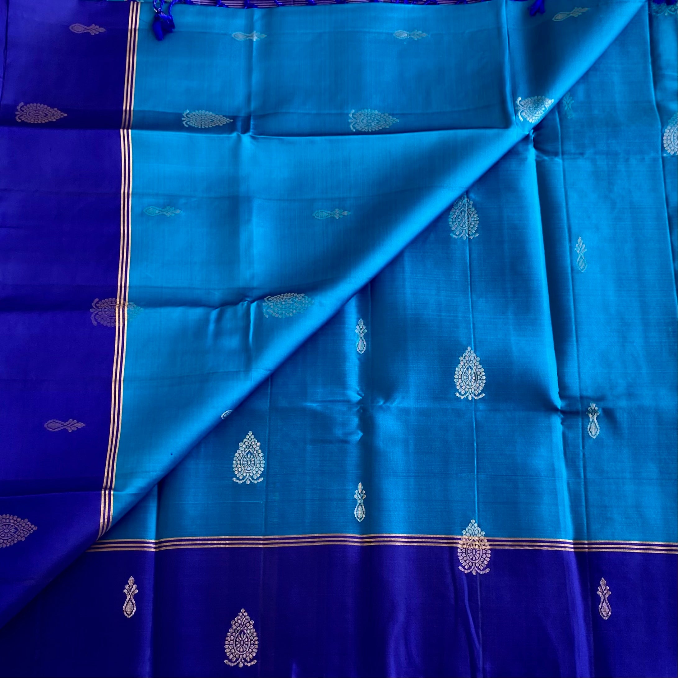 Deep Sea Blue With Rich Royal Blue Handwoven Designer Pure Silk
