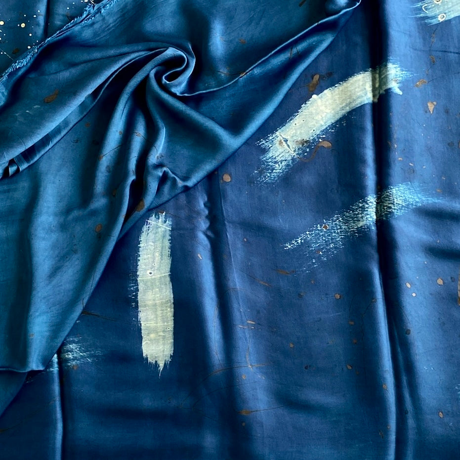Starry Night Blue Ajrakh Handblock Printed Silk Saree With Antique Gold