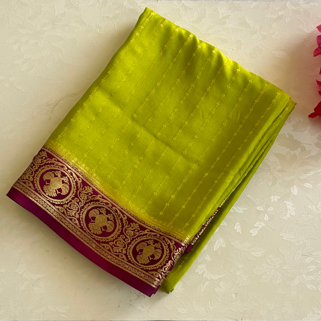 Chartreuse Silk Saree Magenta Brocade Gold Zari Festive Traditional Medallion