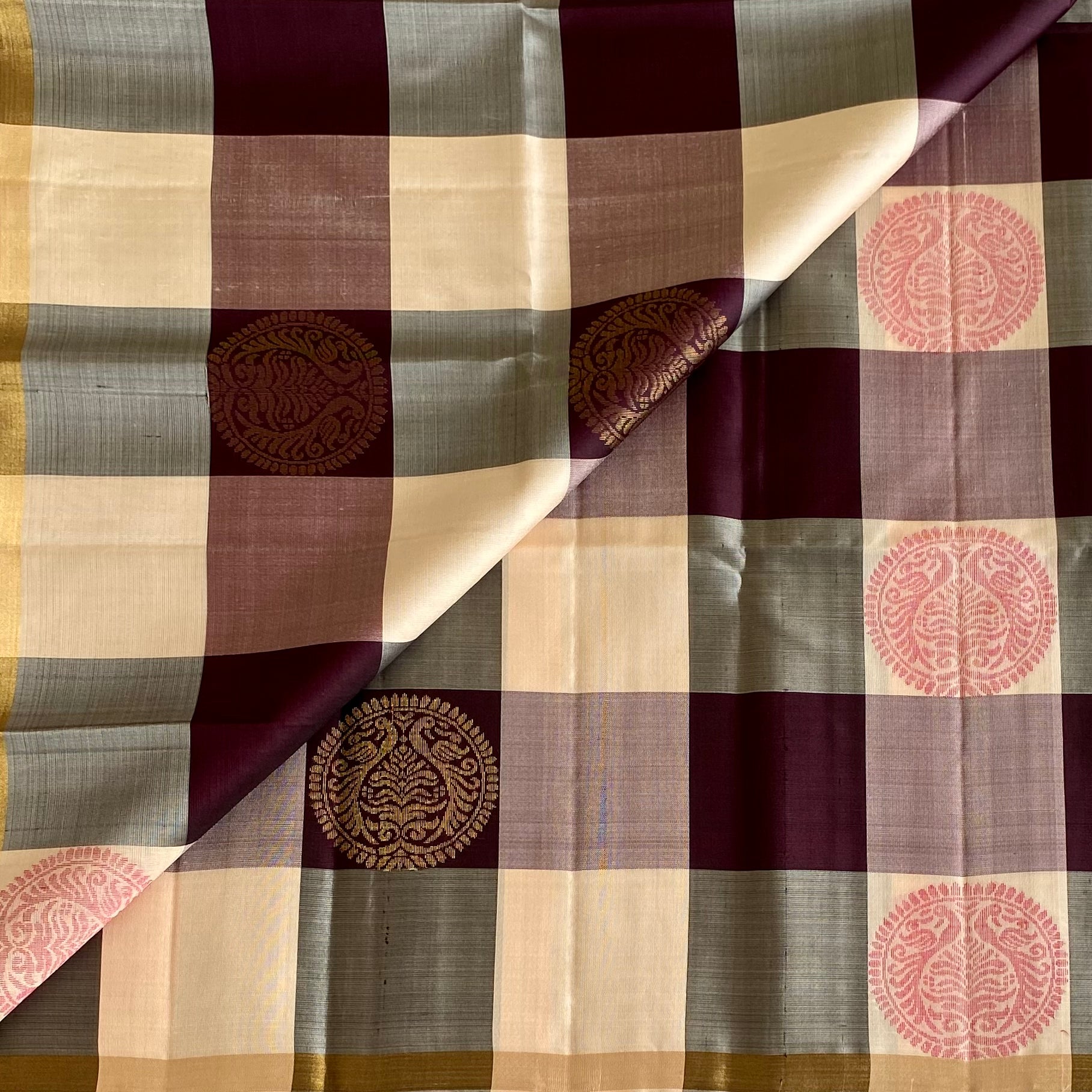 Deep Maroon Designer Pure Silk Saree With Antique Gold Zari Pallu