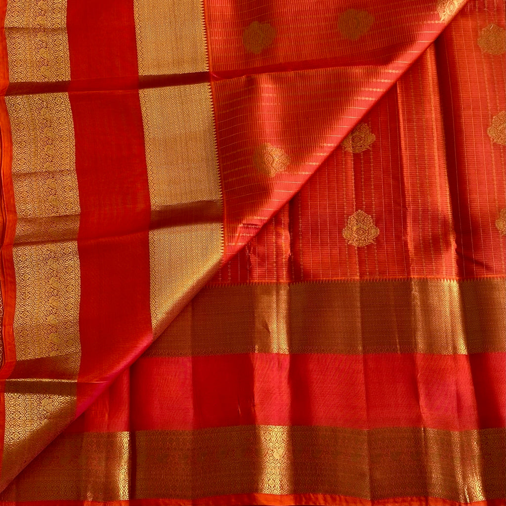 Kanakambari Orange Designer Pure Silk With Retta Pett Borders