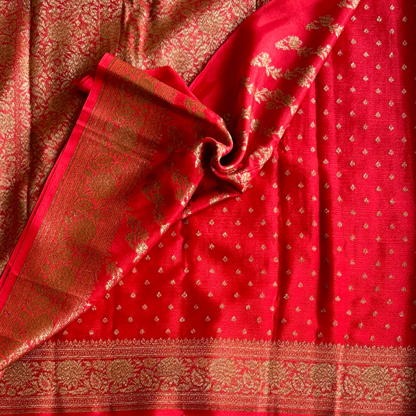 Crimson Silk Saree Gold Brocade Floral Border Bridal Wedding