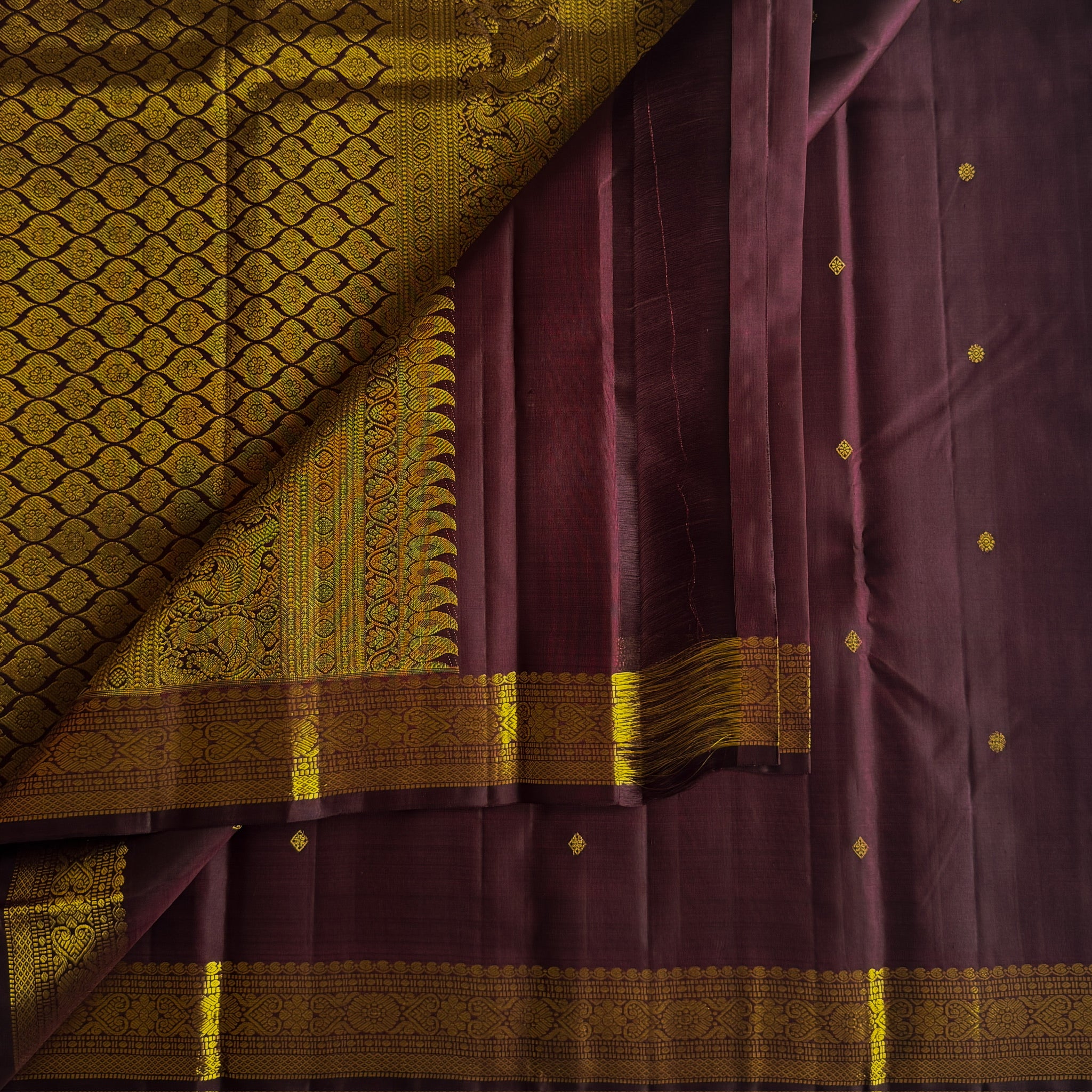 Deep Plum Silk Saree Gold Brocade Heavy Zari Wedding Wear