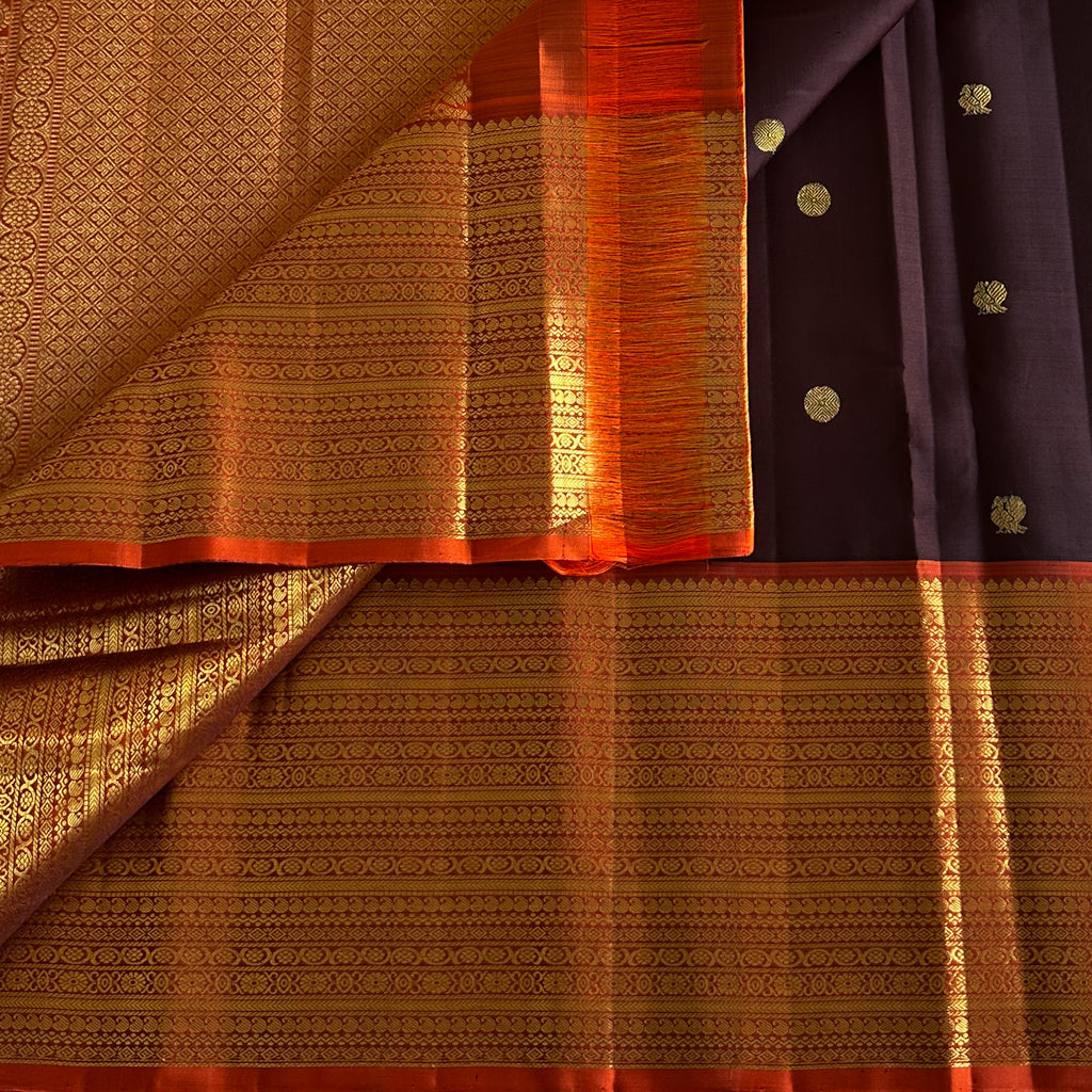 Deep Coffee Brown Luxurious Kanjeevaram Pure Silk with Rust orange borders
