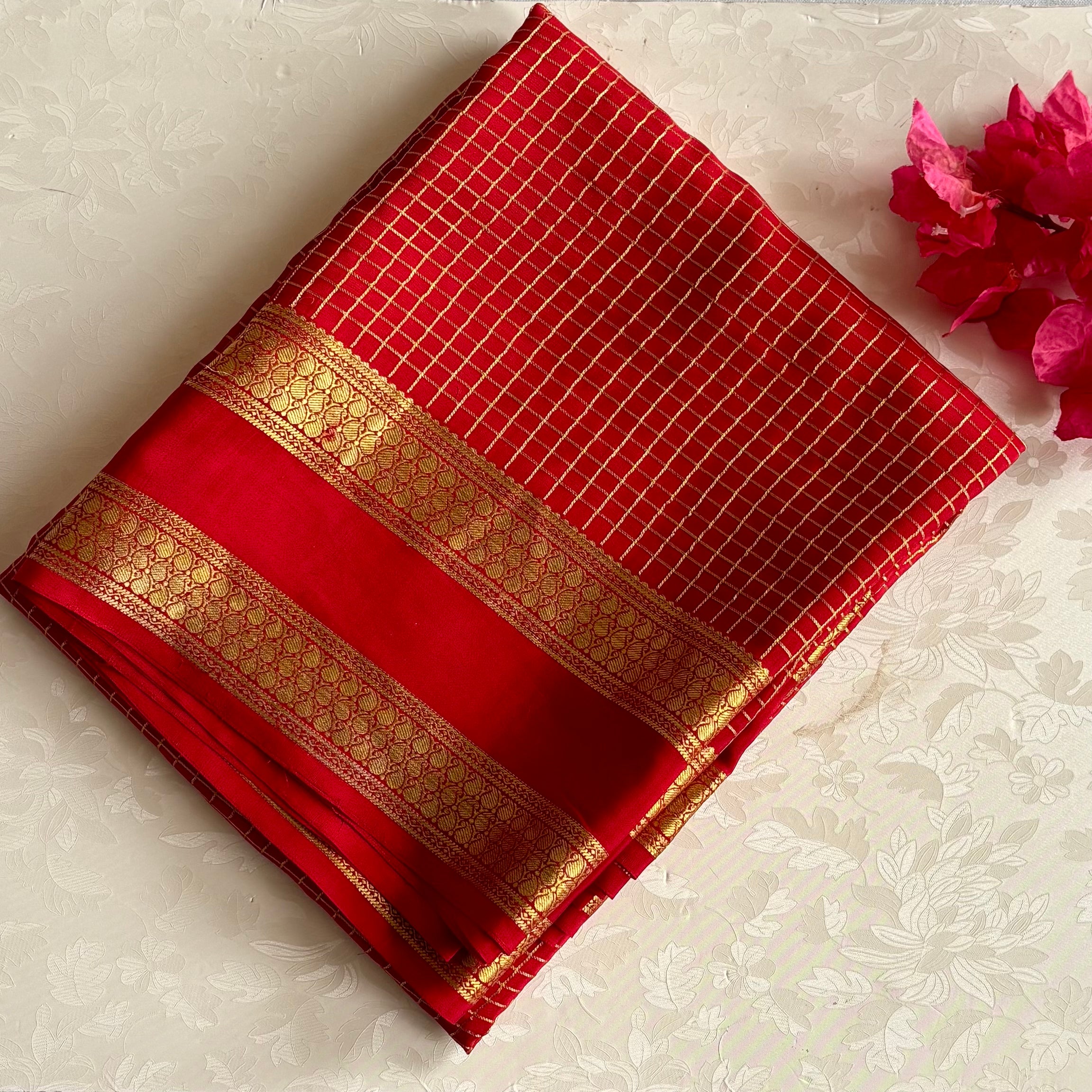 Bright Red Mysore Crepe Silk Saree With Antique Gold Zari
