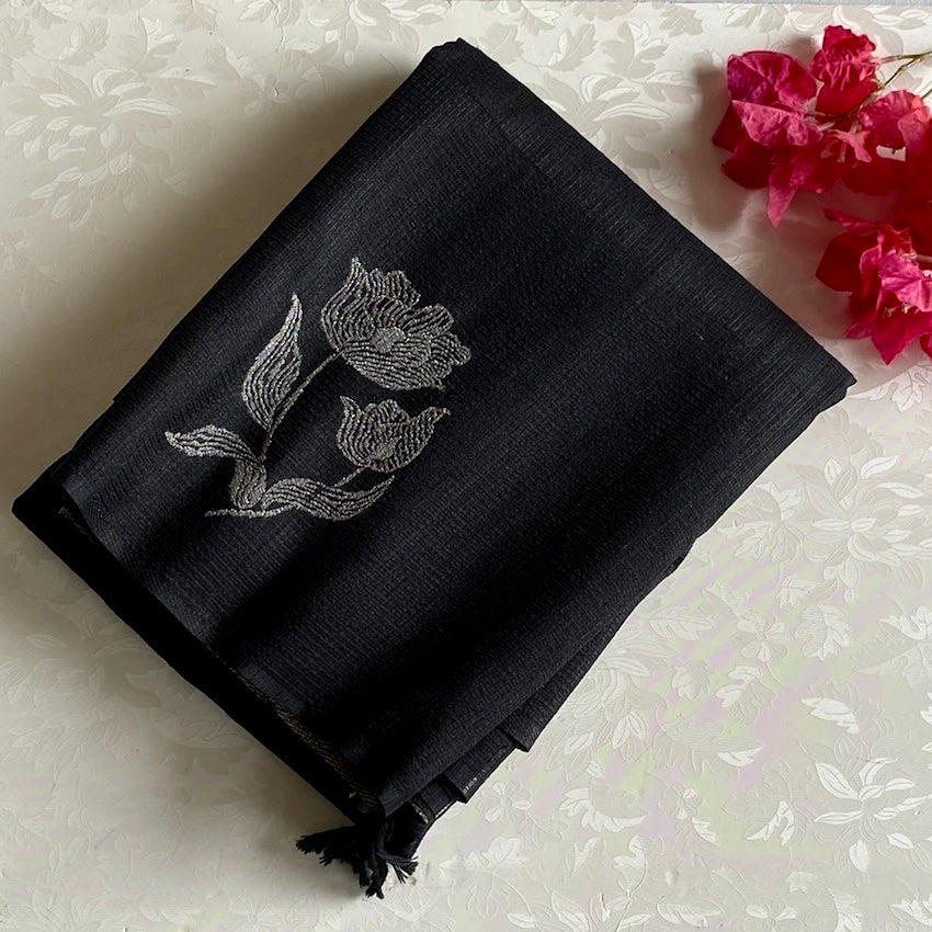 Charcoal Black Soft Jute Tussar Saree With Antique Gold Pallu