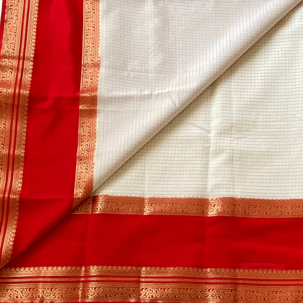Pearl white Checked Saree Vermilion Red Gold Brocade Border Pallu Traditional