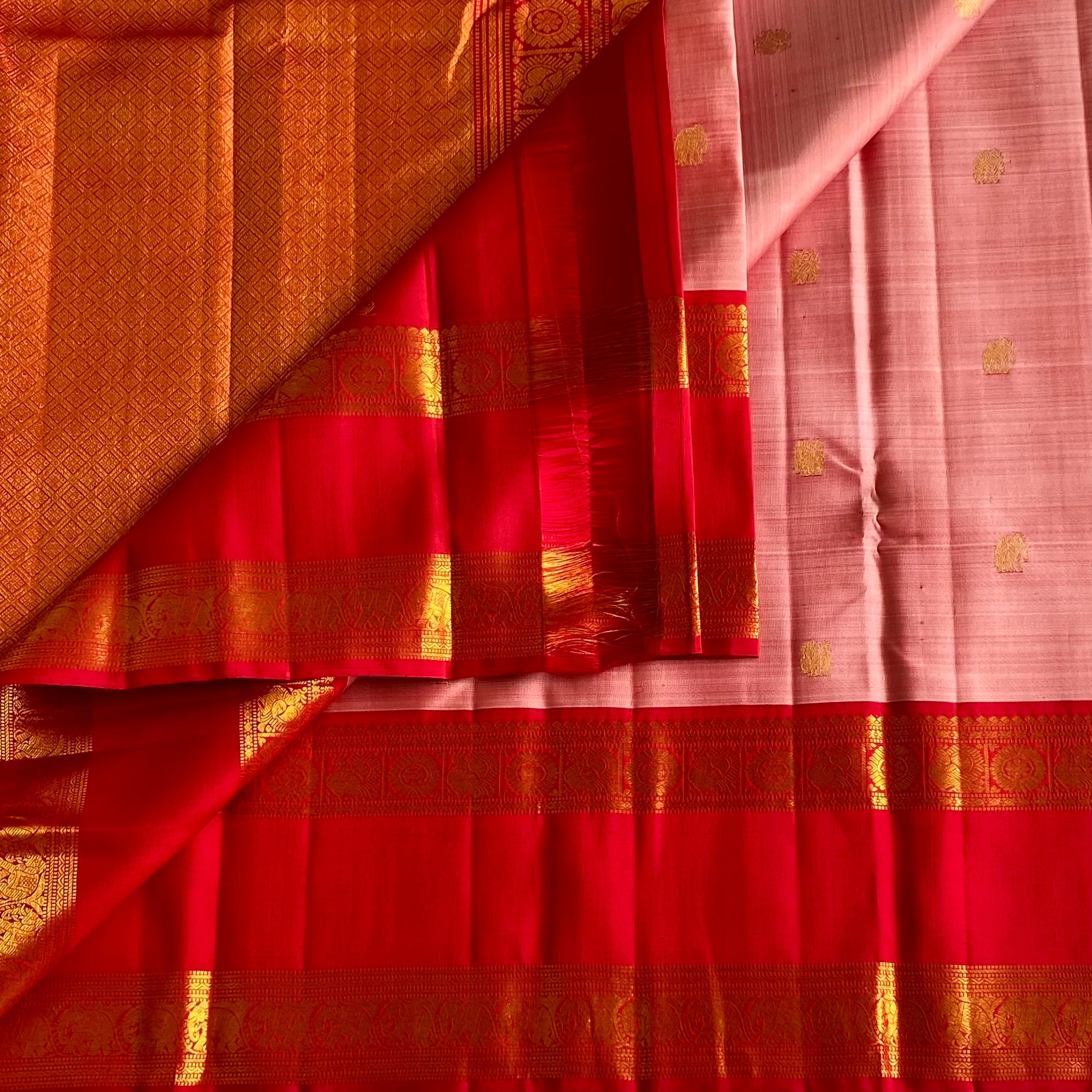 Blush Pink With Scarlet Red Kanjeevaram Pure Zari Silk Saree With Antique Gold Pallu