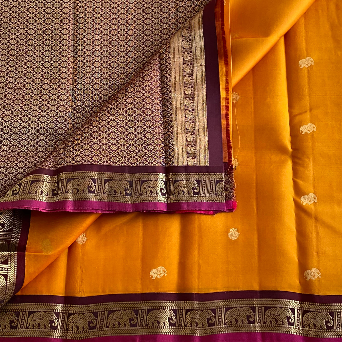 Sunset Orange Kanjeevaram Pure Zari Silk Saree With Deep Maroon Pallu