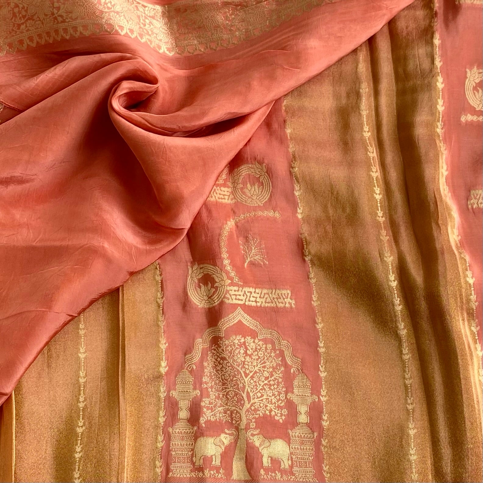 Pastel Rust Orange And Peach Soft Tussar Silk Saree With Antique Gold Zari Work