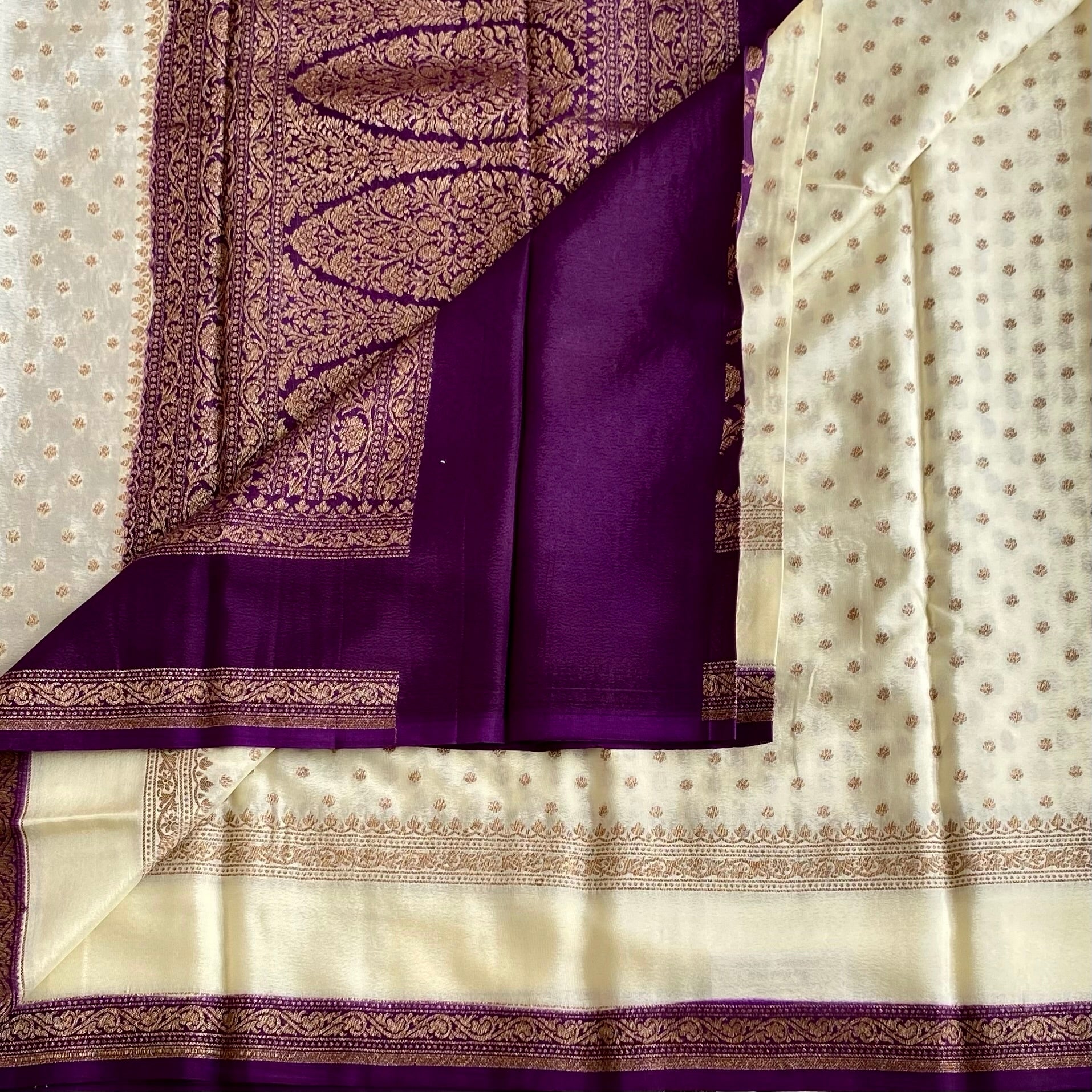 Ivory Banarasi Soft Crepe Silk With Rich Purple Contrast