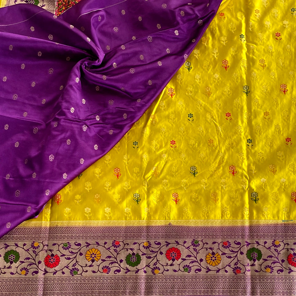 Canary Yellow Banarasi Silk Saree Burgundy Paisley Pallu Purple Border