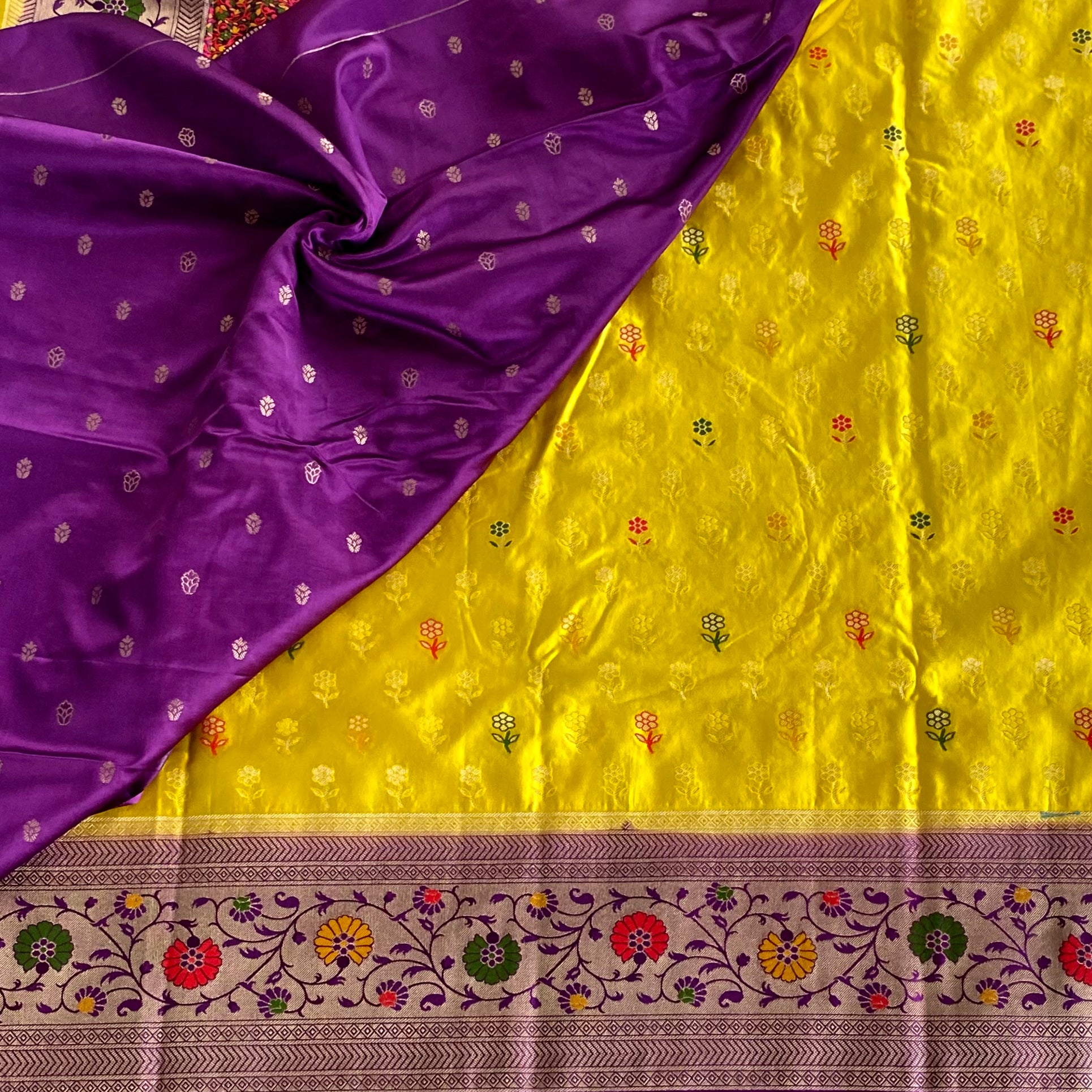 Canary Yellow Banarasi Silk Saree Burgundy Paisley Pallu Purple Border
