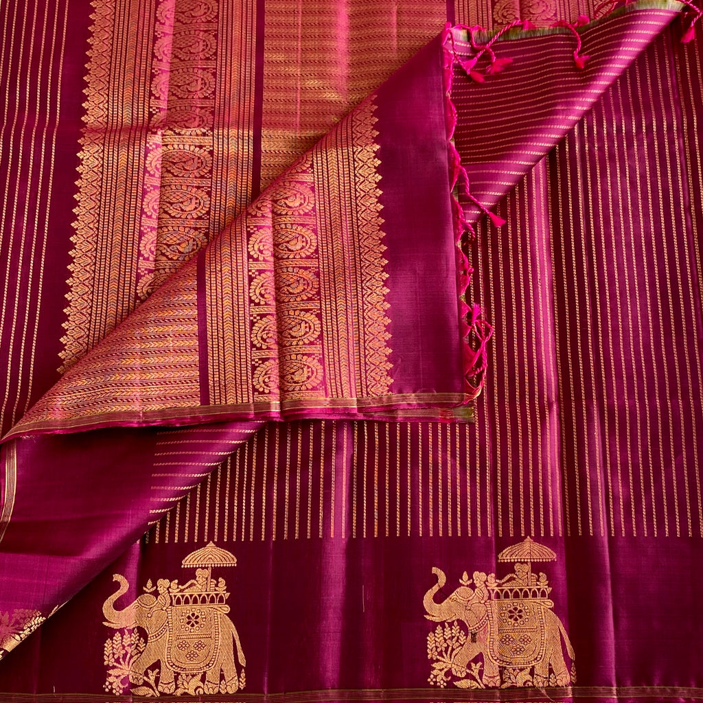 Stunner Magenta Designer Pure Silk Saree With Metallic Gold Zari Elephants