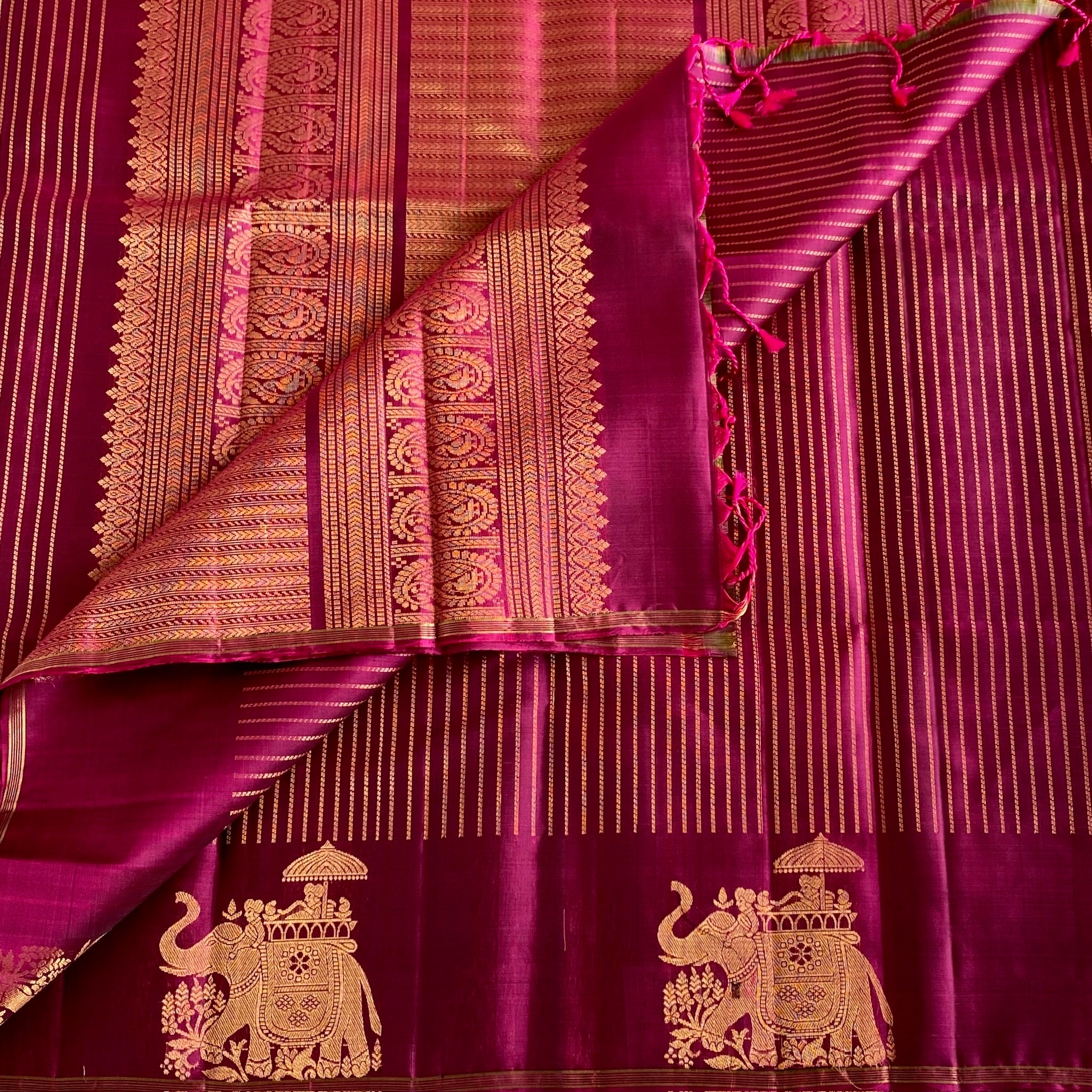 Stunner Magenta Designer Pure Silk Saree With Metallic Gold Zari Elephants