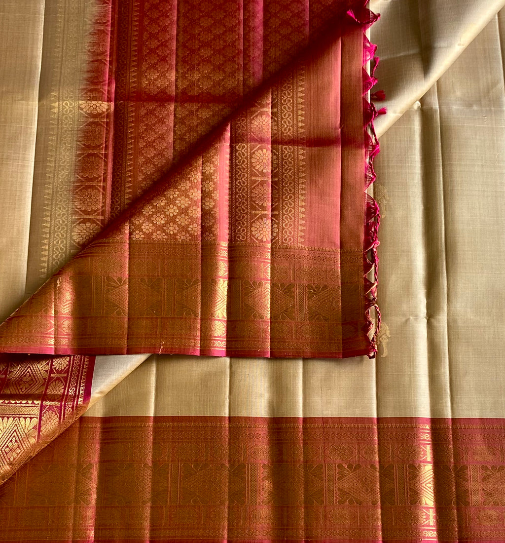 Traditional Ivory Silk Saree with Fuchsia Pallu Gold Brocade Border