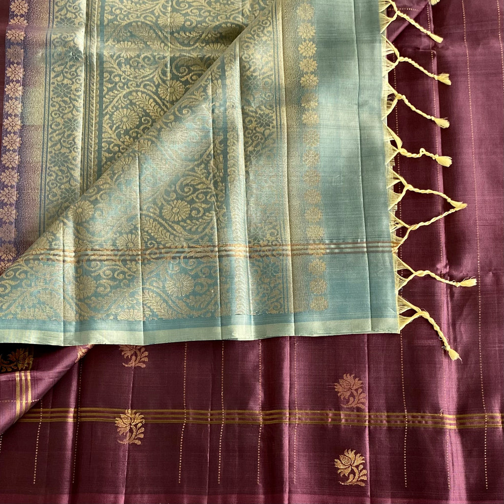 Plum Purple Designer Pure Silk Saree With Sage Green Pallu