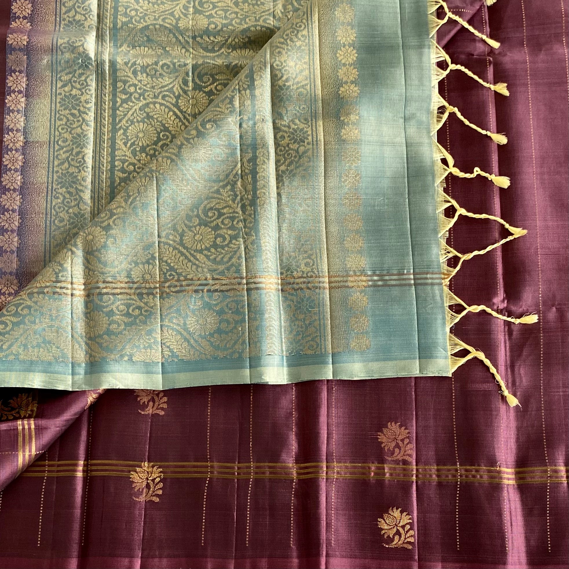 Plum Purple Designer Pure Silk Saree With Sage Green Pallu