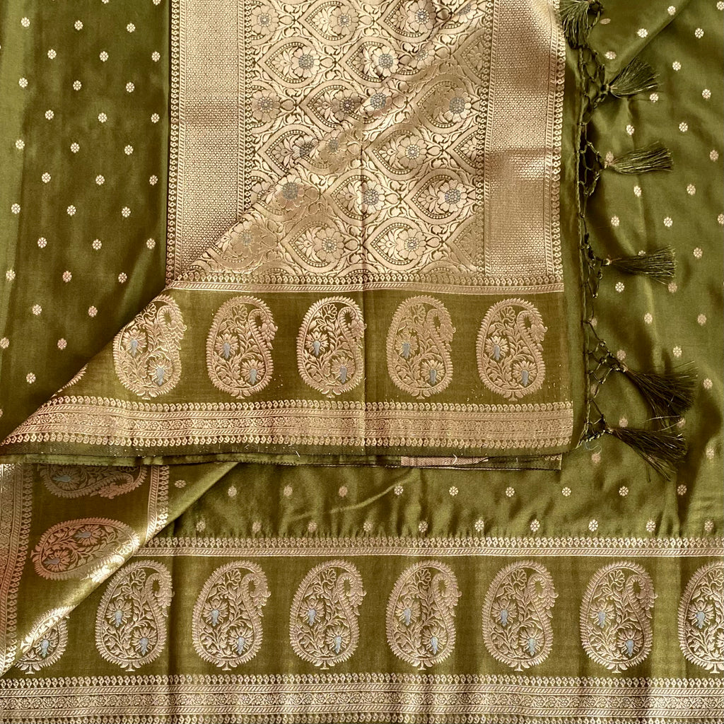 Olive Green Banarasi Style Saree Champagne Pallu Antique Gold Zari