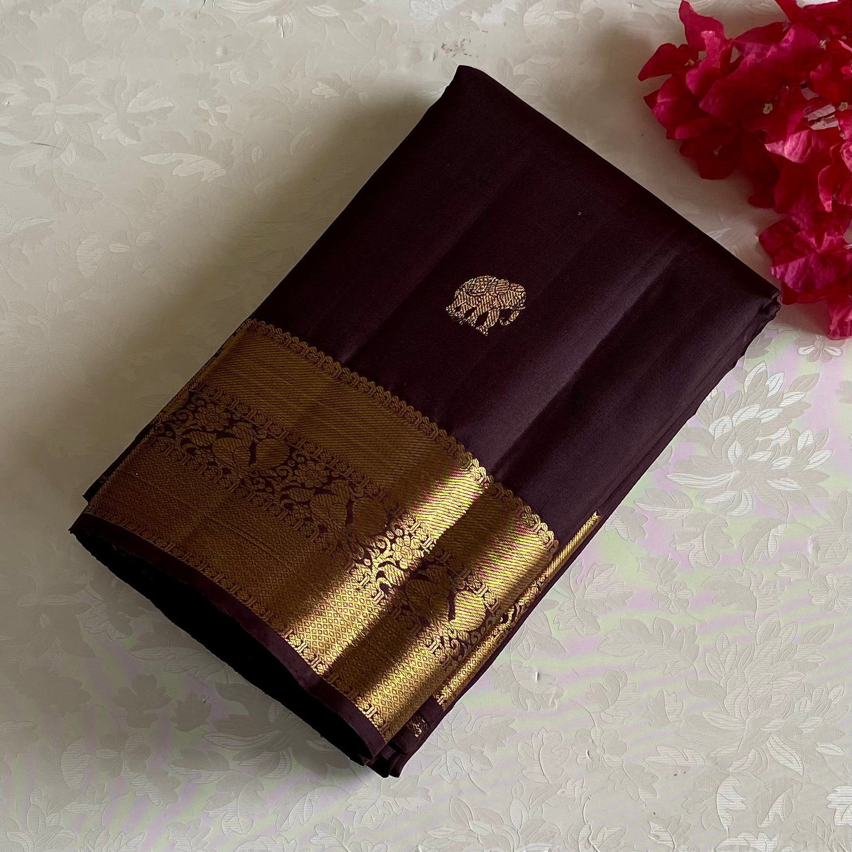 Dark Coffee Kanjeevaram Pure Zari Silk Saree With Antique Gold Border