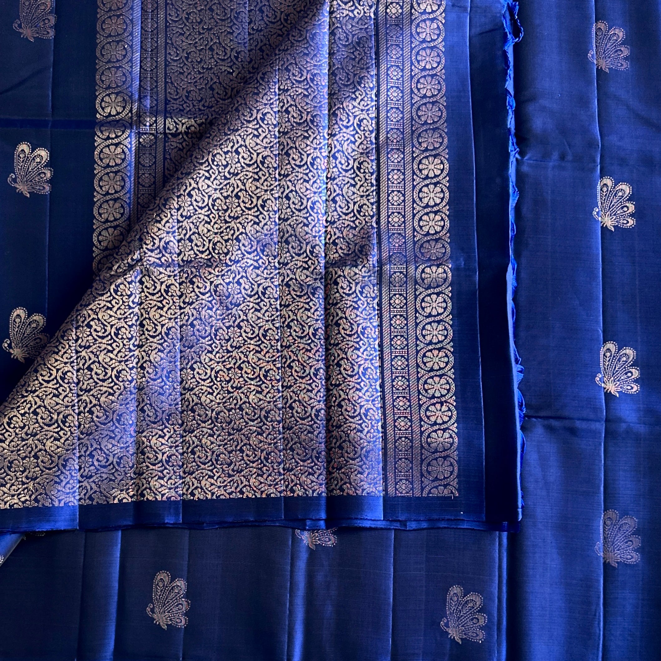 Royal Blue Silver Brocade Paisley Silk Saree Festive Traditional Wear