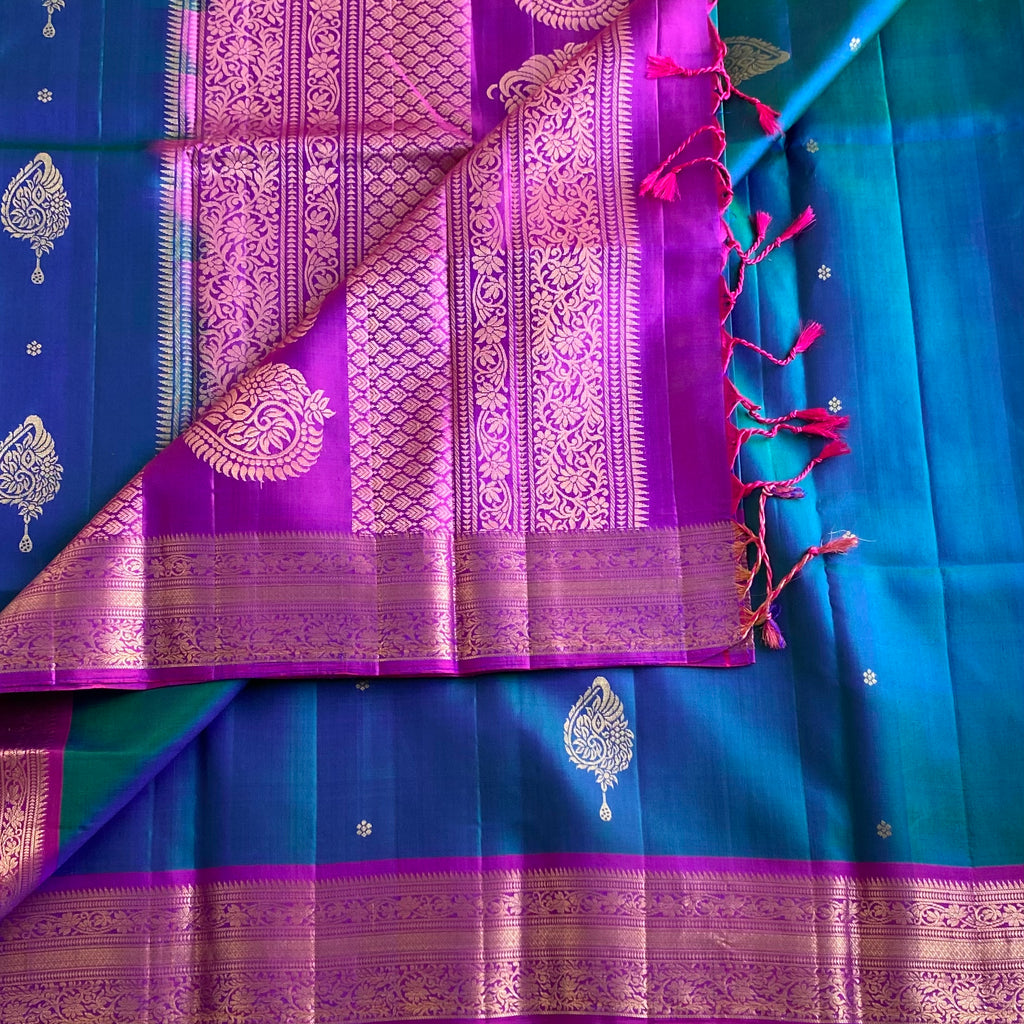 Peacock Blue Designer Pure Silk Saree With Fuchsia Purple Pallu