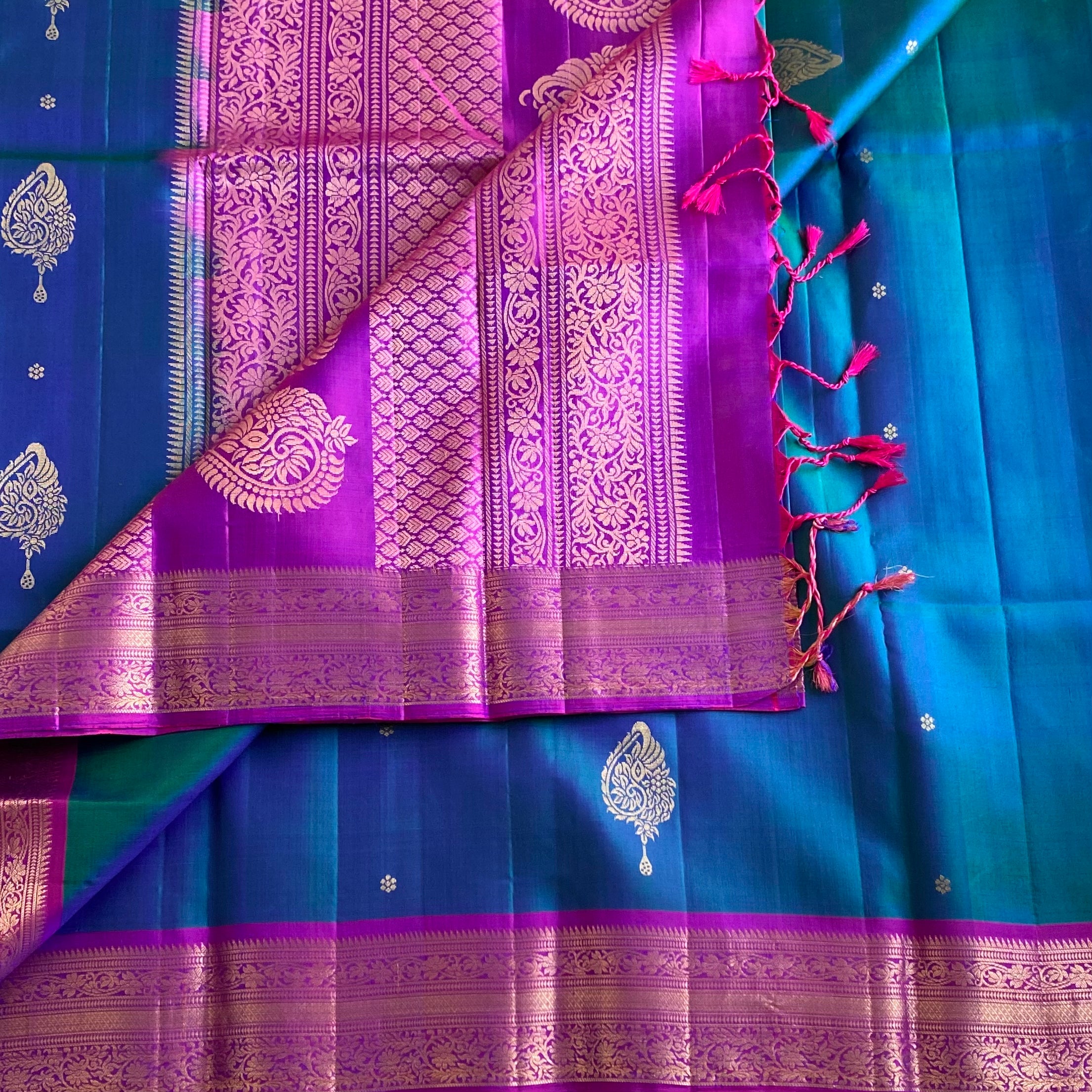 Peacock Blue Designer Pure Silk Saree With Fuchsia Purple Pallu