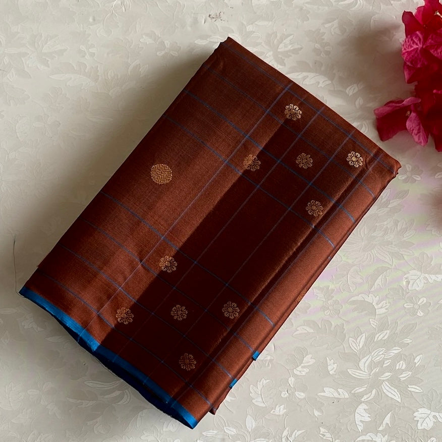 Rust Brown Designer Pure Silk Saree With Turquoise Blue Pallu