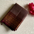 Taupe Designer Pure Silk Saree With Burgundy Pallu And Gold Zari