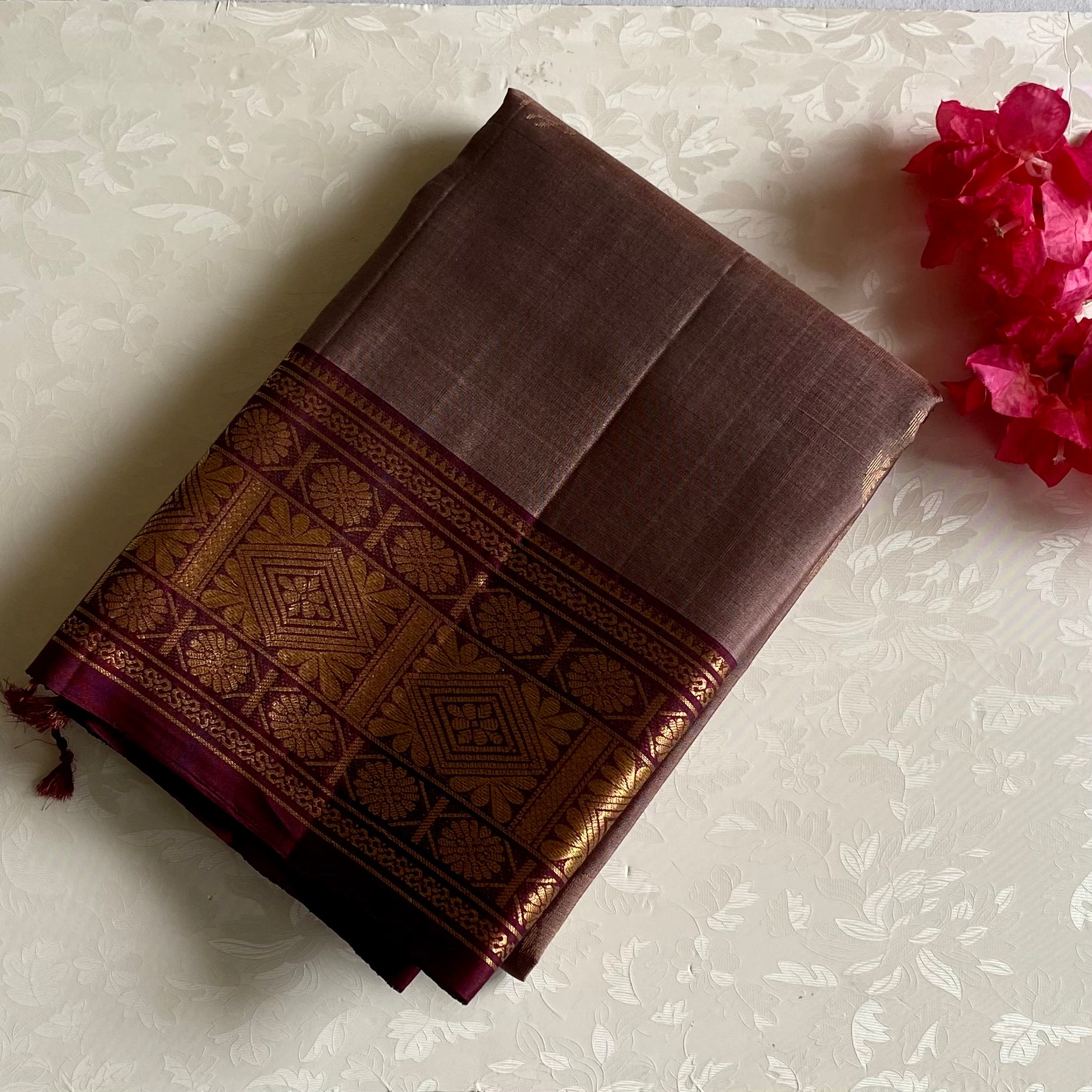 Taupe Designer Pure Silk Saree With Burgundy Pallu And Gold Zari
