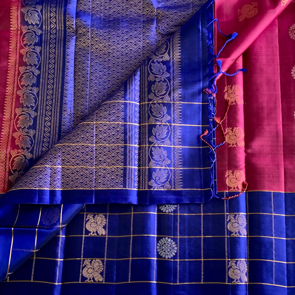 Berry Pink Designer Pure Silk Saree With Lapis Blue Pallu