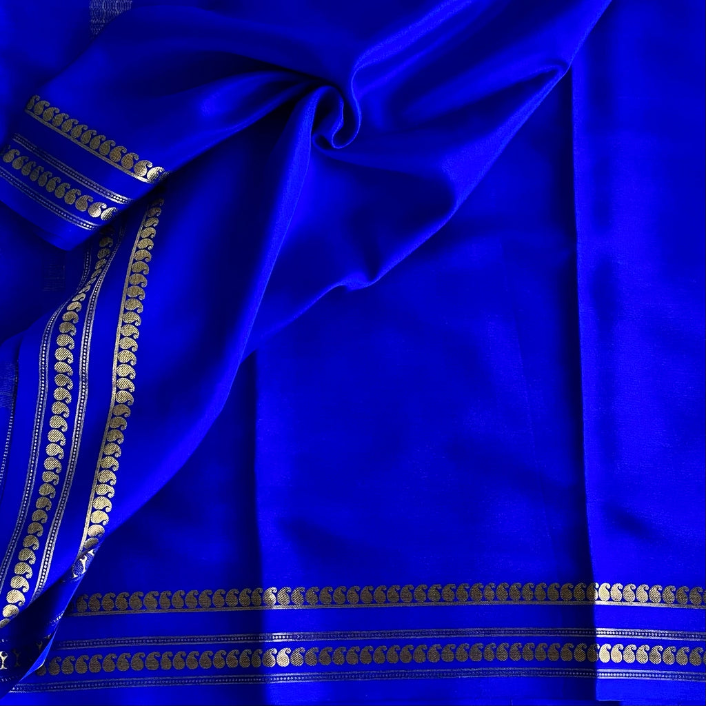 Cobalt Blue Mysore Crepe Silk Saree With Gold Border Motifs