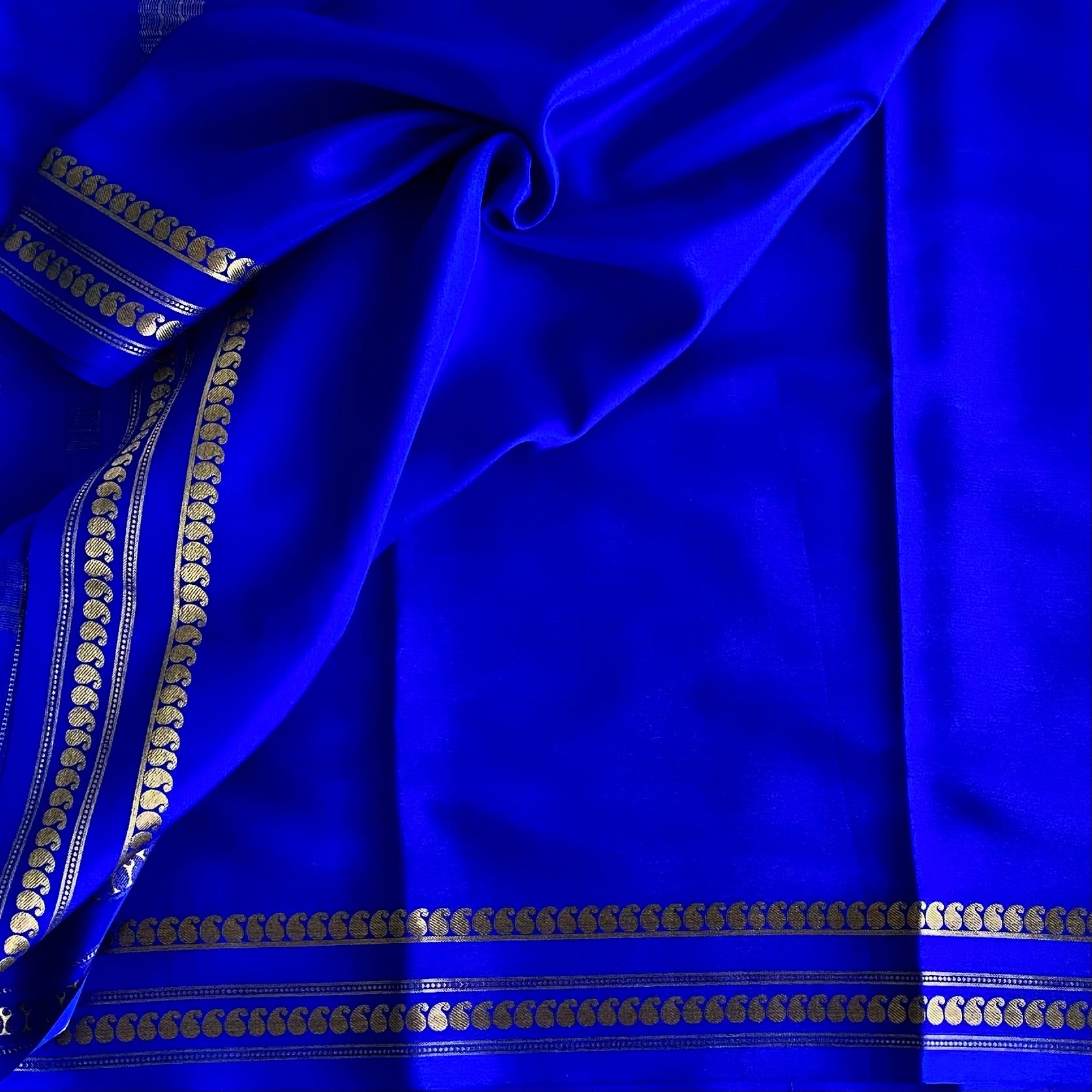 Cobalt Blue Mysore Crepe Silk Saree With Gold Border Motifs