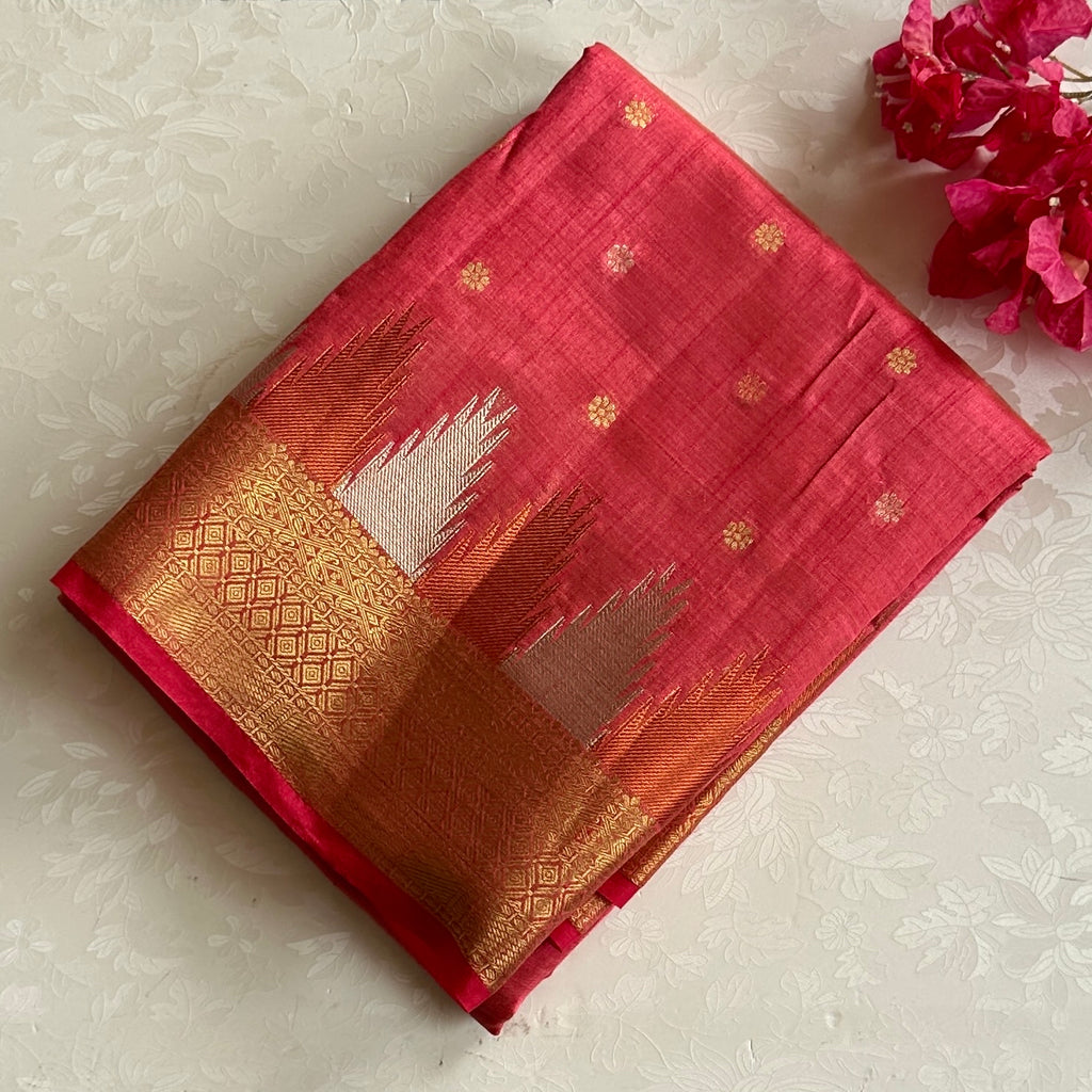 Kanakambari pinkish coral Gold soft tussar silk with temple borders